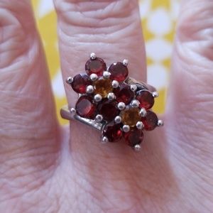 STERLING SILVER GARNET & CITRINE FLORAL RING SZ 7